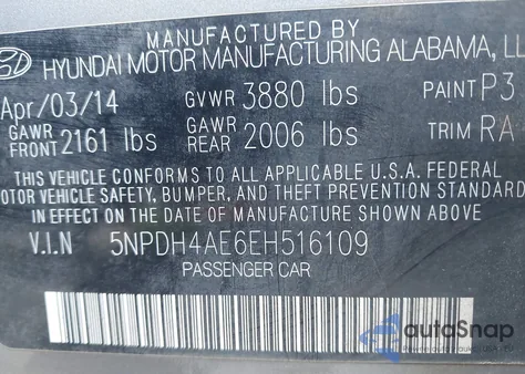 2014 Hyundai Elantra Se z USA, uszkodzony, nr VIN 5NPDH4AE6EH516109